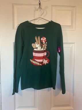 Bella & Birdie Girls Green Christmas Holiday Graphic Tee Shirt Size 10-12 M